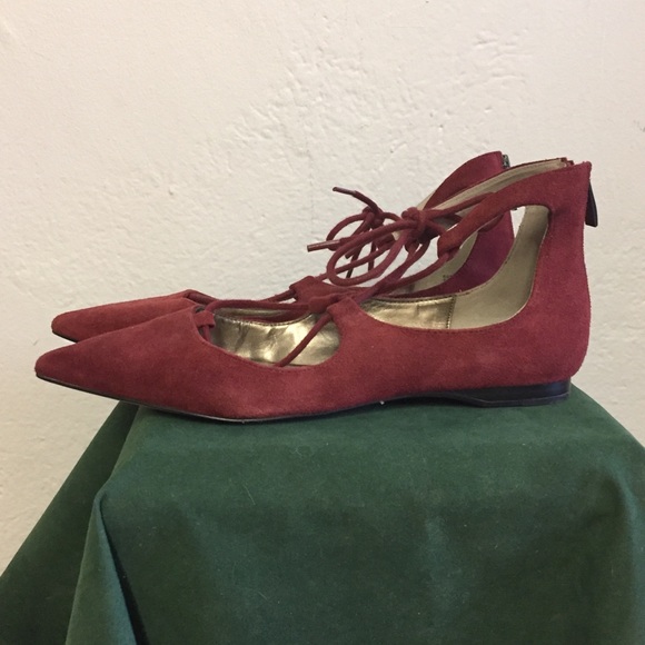 Burgundy Suede Lace-up Flats, 7.5 - Picture 5 of 7